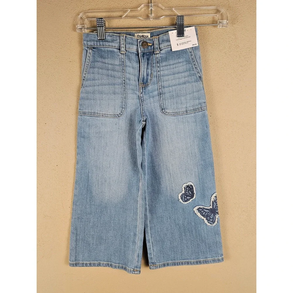 NWT OshKosh B'Gosh Girls Wide Leg Baggy Butterfly Applique Jeans 5 Osh Kosh